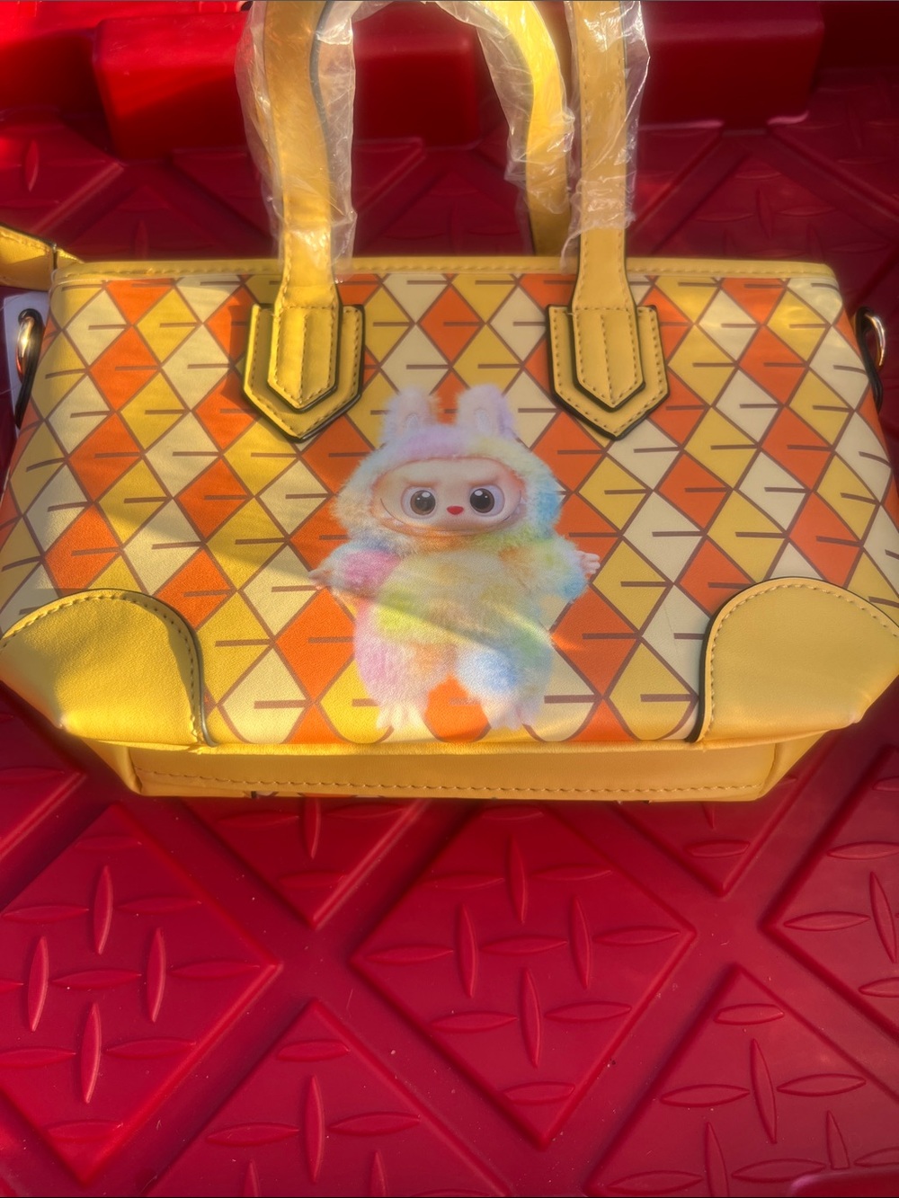 Yellow Geometric Print Tote Bag with Cute Character - Picture 3 of 3